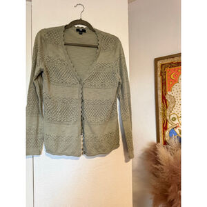 Preowned, Frye Pointelle Lightweight Scallop Trim Cardigan, sage green,Medium